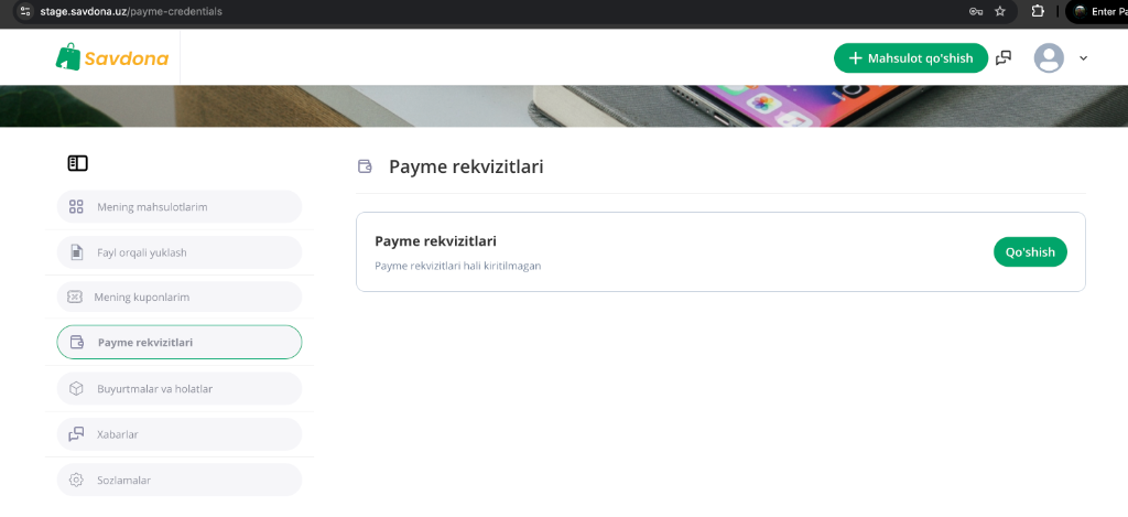 «Payme rekvizitlari» bo'limini oching